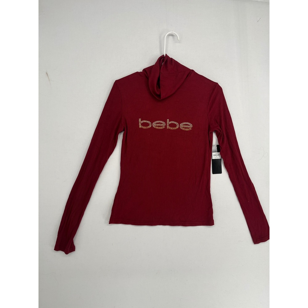 Bebe Rhinestone Logo Turtleneck Ribbed Long Sleeve Top Pomegranate Red Size M NW